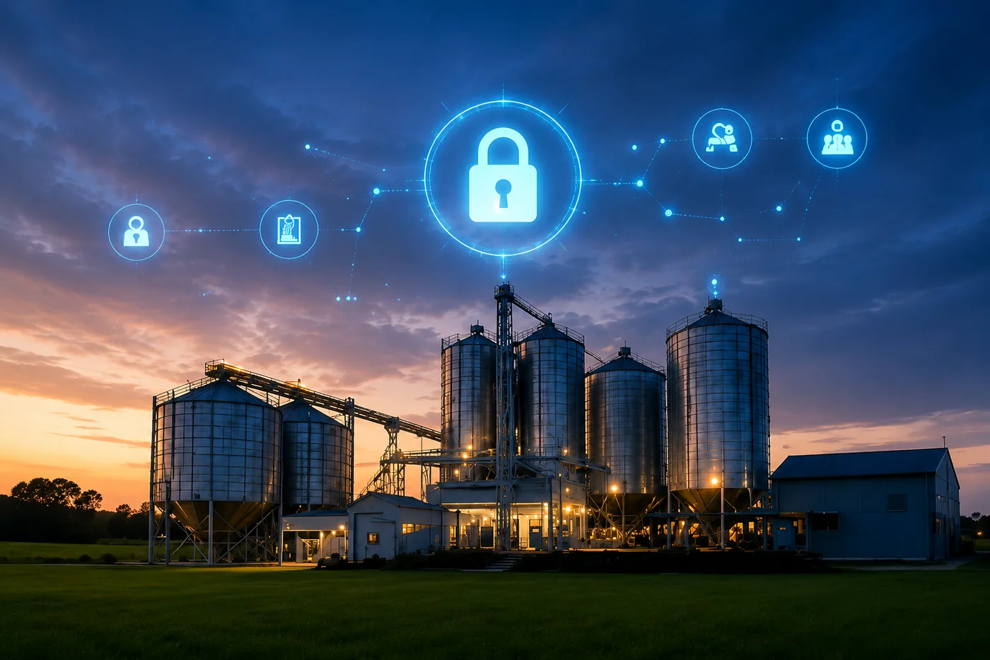 Silos industriais ao entardecer com camada digital de segurança