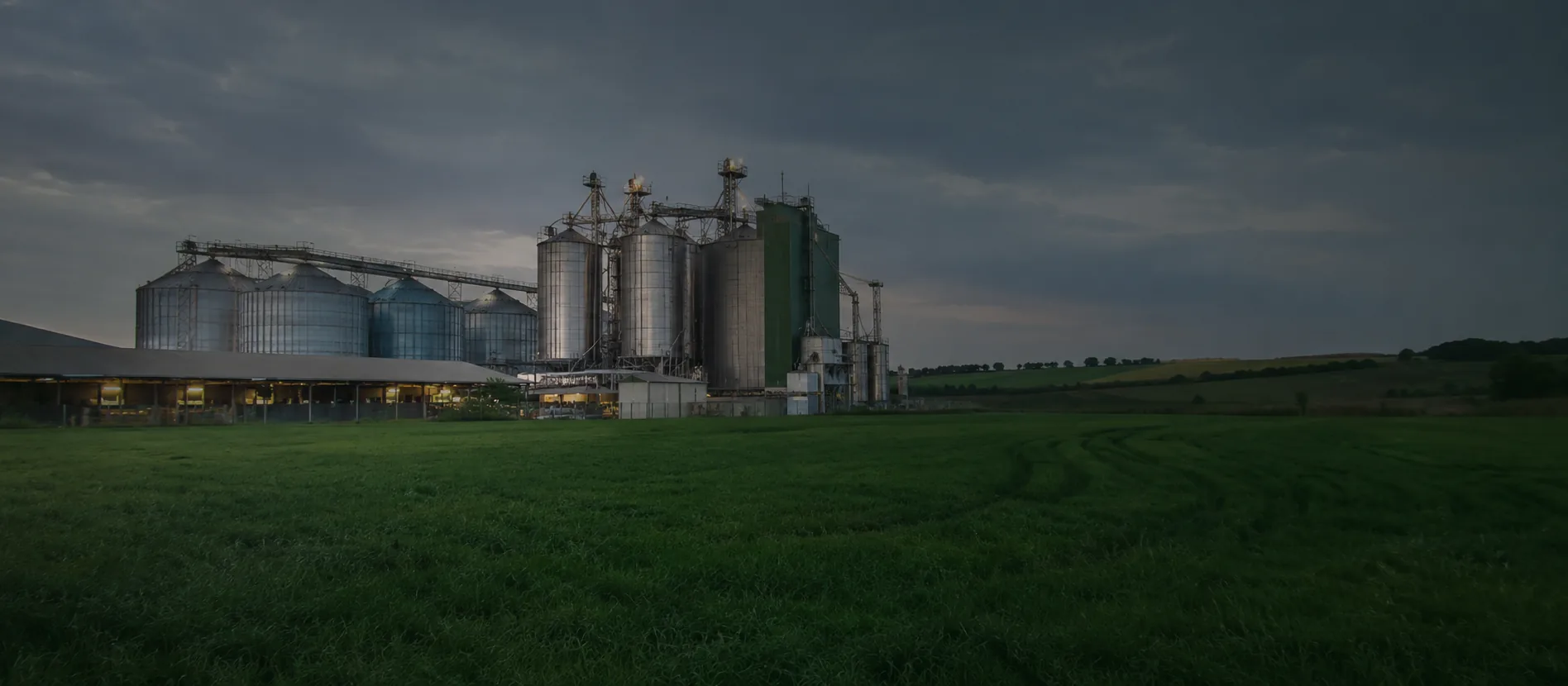 Silos industriais de armazenagem de grãos ao entardecer