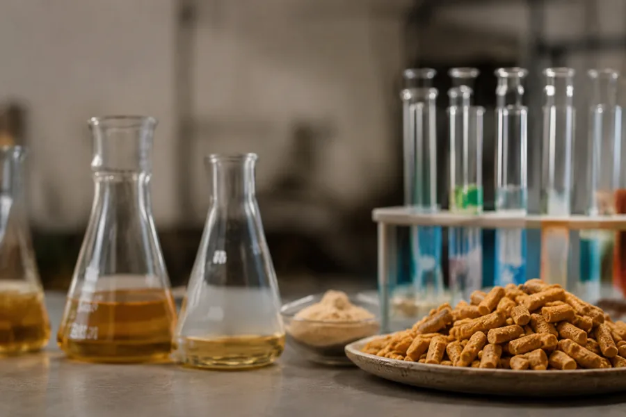Vidrarias de laboratório com amostras de ingredientes