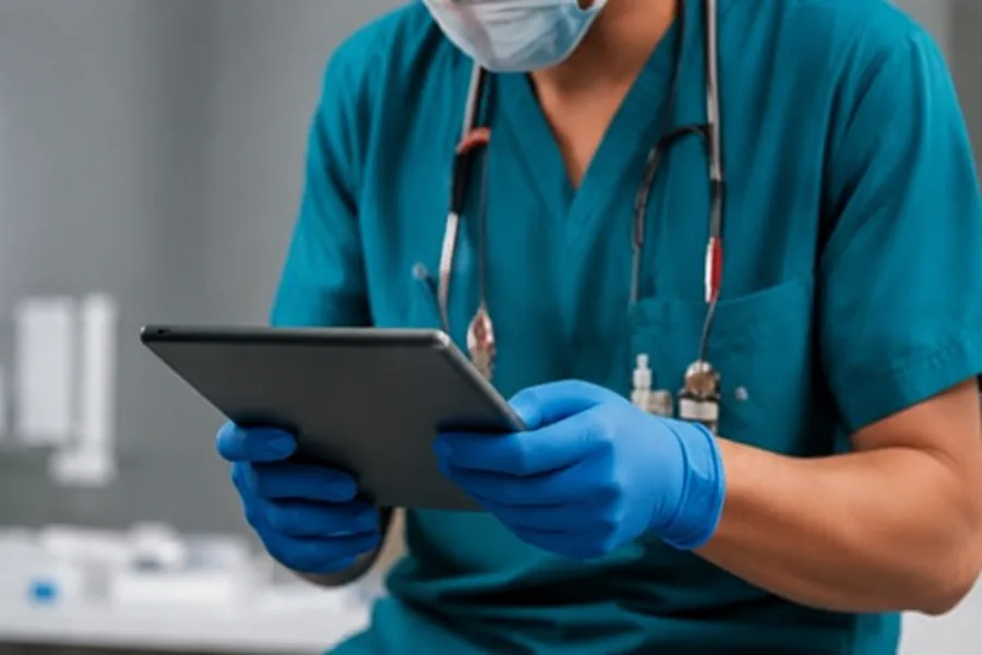 Veterinário registrando prescrição em tablet